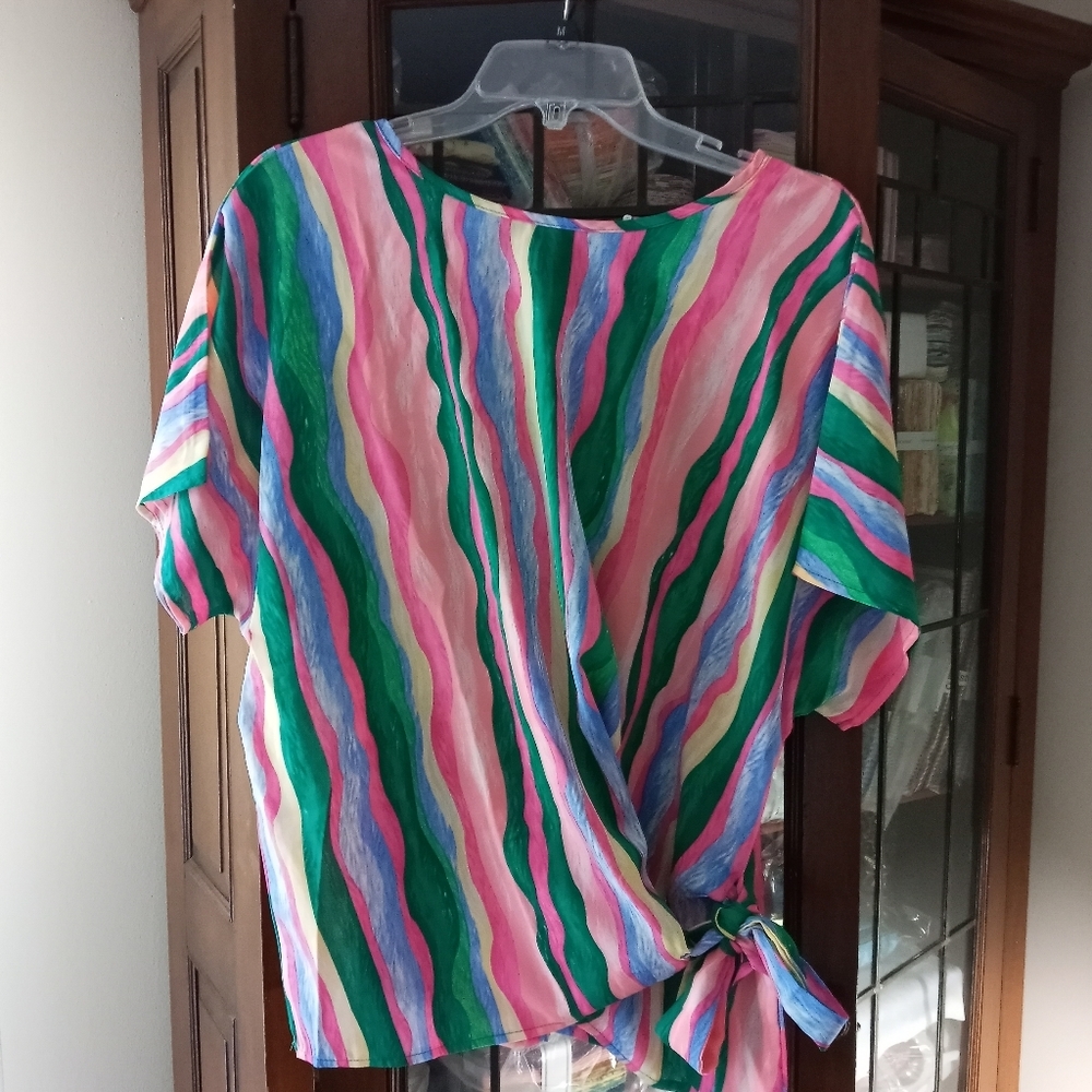 Dreimp Tie Side Dolman sleeve colorful Blouse sz L NEW